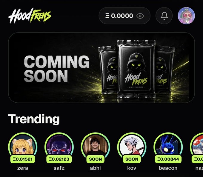 A website screenshot displays 'HoodFrens' branding with a 'Coming Soon' banner featuring hooded character products, along with a trending section showing avatar profiles like zera, safz, abhi, kov, and beacon.