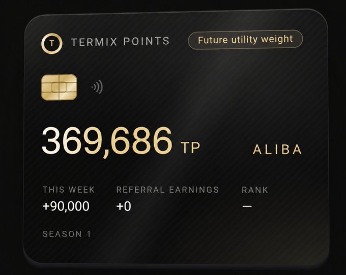 A digital dashboard shows a balance of '369,686 TP' under 'TERMIX POINTS' for user 'ALIBA', noting '+90,000' earned 'THIS WEEK' during 'SEASON 1'.