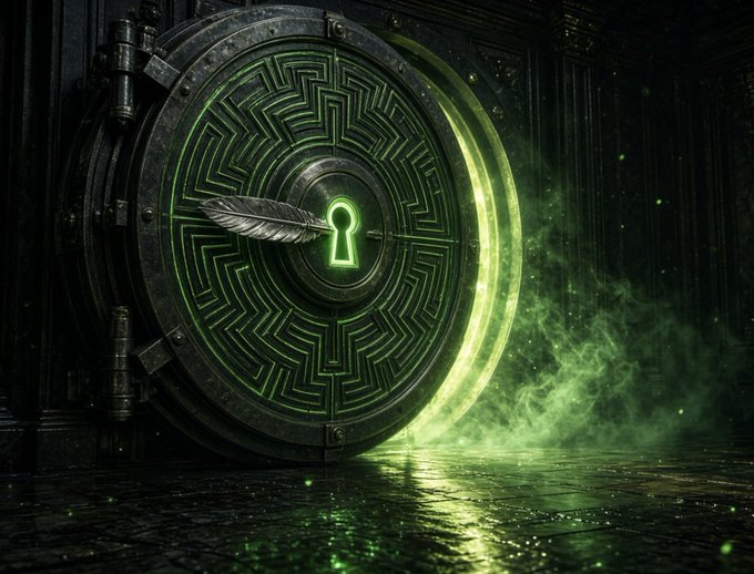 A digital artwork of a heavy, ornate metallic vault door featuring a keyhole and glowing green maze-like circuitry, with green smoke billowing out.