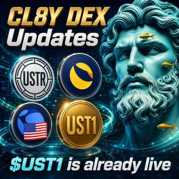 A promotional graphic titled 'CL8Y DEX Updates' featuring a stylized Greek statue-like bust and cryptocurrency tokens labeled USTR and UST1, with text announcing '$UST1 is already live'.