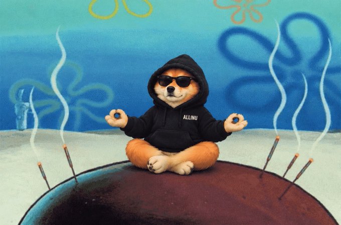 A meme of a Shiba Inu dog dressed in a black hoodie and sunglasses, sitting in a meditative pose with incense around it, labeled 'ALLINU'.