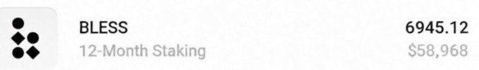 A minimal interface displays 'BLESS' with '12-Month Staking' showing a balance of 6945.12 valued at $58,968.