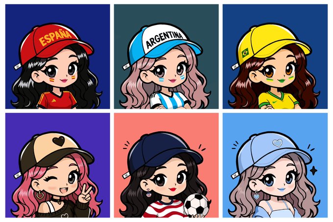 A grid of six chibi-style cartoon girls wearing baseball caps representing different countries and themes, with visible text including 'ESPAÑA' on a red cap and 'ARGENTINA' on a blue and white cap.