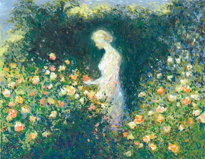 lloros, a famous impressionist artist, painted a woman amidst a field of pink and orange flowers, with the background transitioning from green to blue.