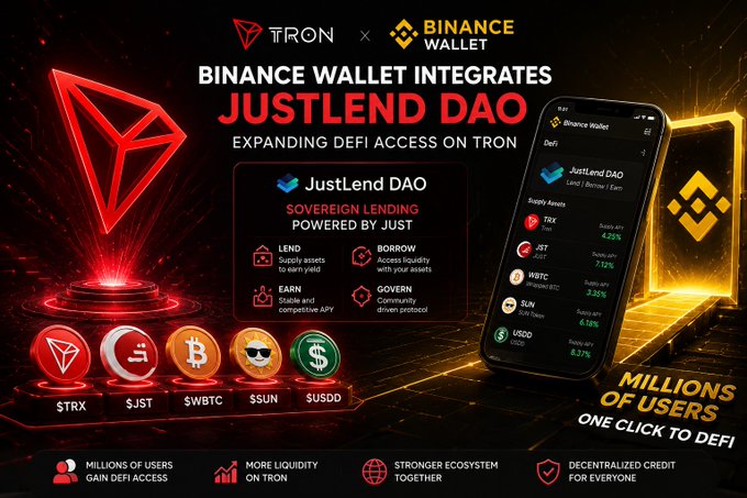A promotional graphic announcing Binance Wallet's integration of JustLend DAO on TRON, featuring supply assets (TRX, JST, WBTC, SUN, USDD), DeFi access benefits, and a mobile wallet screenshot.