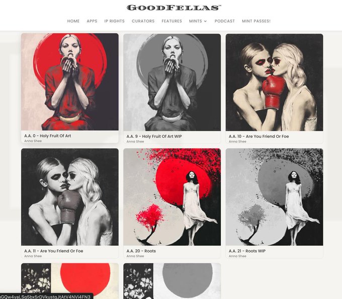 A webpage titled 'GOODFELLAS' displays a gallery of digital artworks by Anna Shaw, including pieces titled 'A.A. 0 - Holy Fruit Of Art', 'A.A. 5 - Holy Fruit Of Art WIP', 'A.A. 10 - Are You Friend Or Foe', 'A.A. 11', 'A.A. 20 - Roots', and 'A.A. 21 - Roots WIP'.