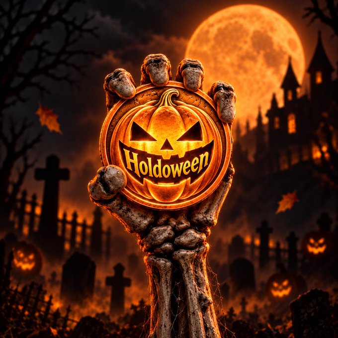 A Halloween-themed digital artwork showing a skeletal hand holding a glowing jack-o'-lantern coin labeled 'Holdoween' against a backdrop of a full moon, graveyard, and haunted castle.