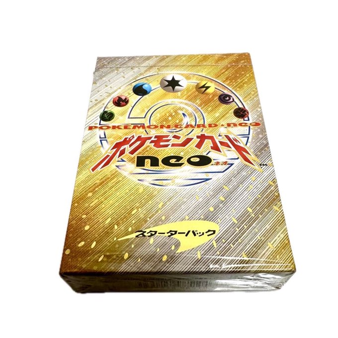 A sealed Japanese Pokémon Card Game "Neo" starter deck booster box with gold packaging and "スタターパック" (Starter Pack) text visible. The image relates to the post's rarity question by showcasing a vintage Neo-era sealed product, which is highly sought after by collectors due to its age and discontinued status.