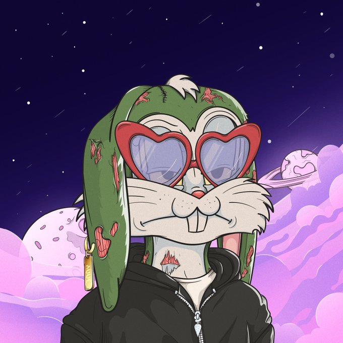 An illustration of a green rabbit-like character wearing heart-shaped sunglasses and a black hoodie against a starry purple night sky with pink clouds.