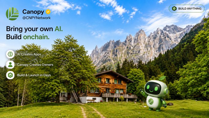 A Twitter/X profile banner for 'Canopy' (@CNPYNetwork) with the tagline 'Bring your own AI. Build onchain,' featuring a green robot character standing in an alpine meadow in front of a wooden chalet and mountains.
