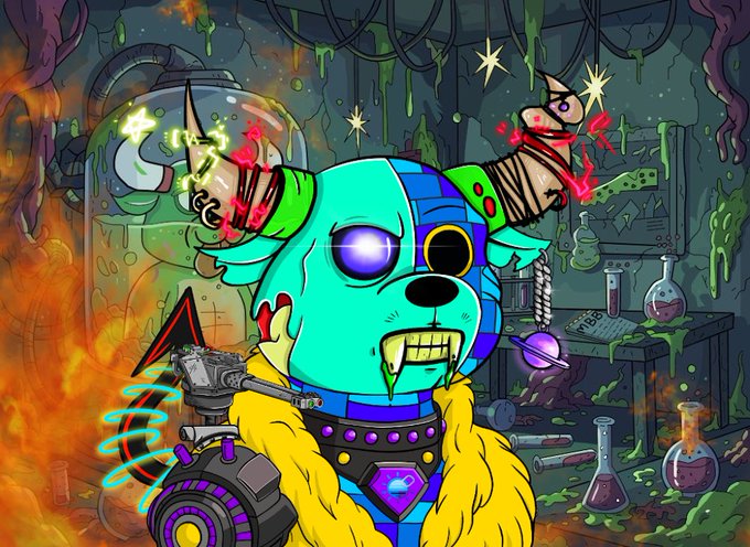 The image features a cartoon character with blue eyes, horns, and a green body that appears to be made of metal or plastic. The character has a yellow collar around its neck and is wearing a purple cape. The background shows a room filled with various objects such as bottles, vases, and other items, giving the impression of a laboratory setting. The post includes text that reads "Mutant Monday Giveaway -Follow @BullBearsX -Repost #HMM Happy Mutant Monday legends".