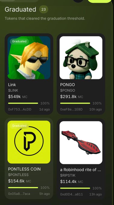 The image displays a "Graduated" section showing 23 tokens that have cleared the graduation threshold, featuring $LINK ($549k MC), $PONGO ($291.8k MC), $PONTLESS ($154.6k MC), and $RIPSTIK ($114.4k MC), all at 100% progress. The image supports the post by showcasing key graduated tokens within the $PONS ecosystem, highlighting tokens like $PONGO and $PONTLESS that exemplify the momentum of the PONS launchpad and its potential to lead the Robinhood trenches.