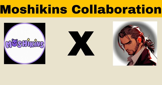 A promotional banner titled 'Moshikins Collaboration' shows the Moshikins logo on the left, an 'X' in the center, and an illustration of a bearded man on the right.