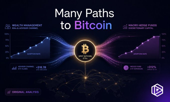 An infographic titled 'Many Paths to Bitcoin' displaying Spot Bitcoin ETFs, comparing adoption rates of Wealth Management/RIA Advisor Channels (+$18.7B QTD inflows) versus Macro Hedge Funds/Discretionary Capital (+312% ETF exposure since Q1'24).