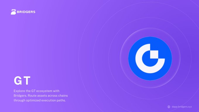 A purple promotional slide for Bridgers featuring a circular blue logo and the text 'GT - Explore the GT ecosystem with Bridgers. Route assets across chains through optimized execution paths,' with the URL 'dapp.bridgers.xyz'.
