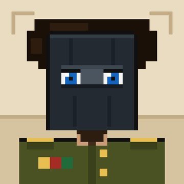 A pixel art character portrait depicting a figure with dark hair and blue eyes wearing a military-style green uniform with colored medal pins.