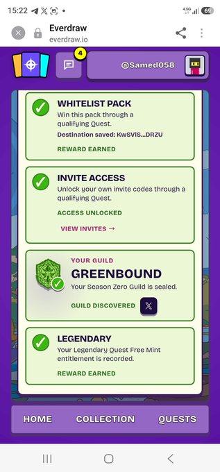 A mobile app screen for a game or quest platform called 'Everdraw', displaying completed quests including 'WHITELIST PACK', 'INVITE ACCESS', and 'LEGENDARY', alongside a notification that the user's guild 'GREENBOUND' has been discovered.