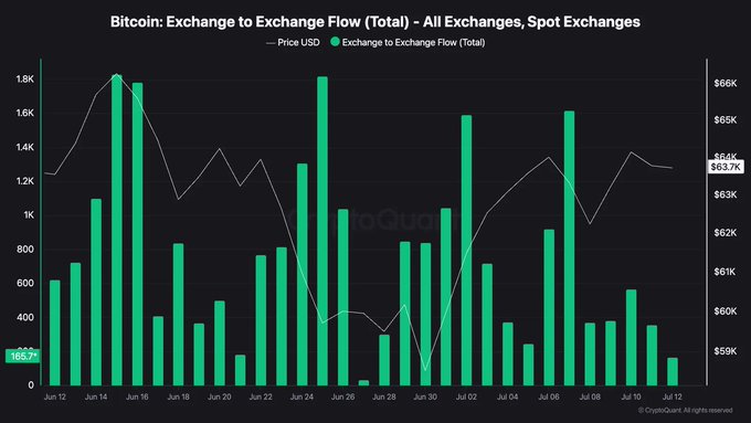 CryptoQuant chart titled 'Bitcoin: Exchange to Exchange Flow (Total) - All Exchanges, Spot Exchanges' showing bar data and Bitcoin price in USD, ranging from approximately $59K to $66K, dated Jun 12 to Jul 12.