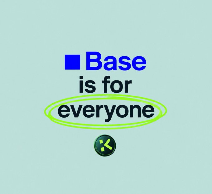 The image features the text "Base is for everyone" with "everyone" circled in green, alongside the KGeN (KGen) logo, promoting the announcement that $KGEN is now live on the Base ecosystem. The circled emphasis on "everyone" reinforces the post's message about Base's accessibility, low fees, and large active crypto community welcoming KGeN's verified human economy.