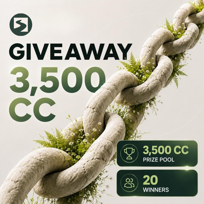 A promotional giveaway graphic featuring a stone chain intertwined with greenery, advertising a "3,500 CC" prize pool across "20 WINNERS" for the Cashen CC Canton Coin Locking Marketplace.