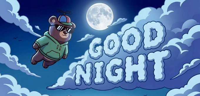 A cartoon bear wearing sunglasses, a green hoodie, and a propeller hat flies through a night sky filled with clouds, next to a full moon and large cloud-shaped text reading 'GOOD NIGHT'.