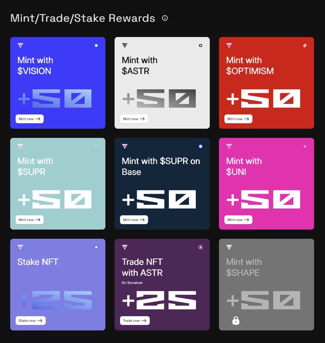 The image shows a grid of nine square boxes, each displaying different colors and text related to trading and minting. The boxes are arranged in a 3x3 grid with three rows and three columns. Each box contains information about minting or trading options for Mint with $shape docs.fractalvisions.io/shortcuts/ques and the @base Mint on @soneium Mint on @unichain Mint on @superseed Earn 500 FV Points during Season +50 SOV points.