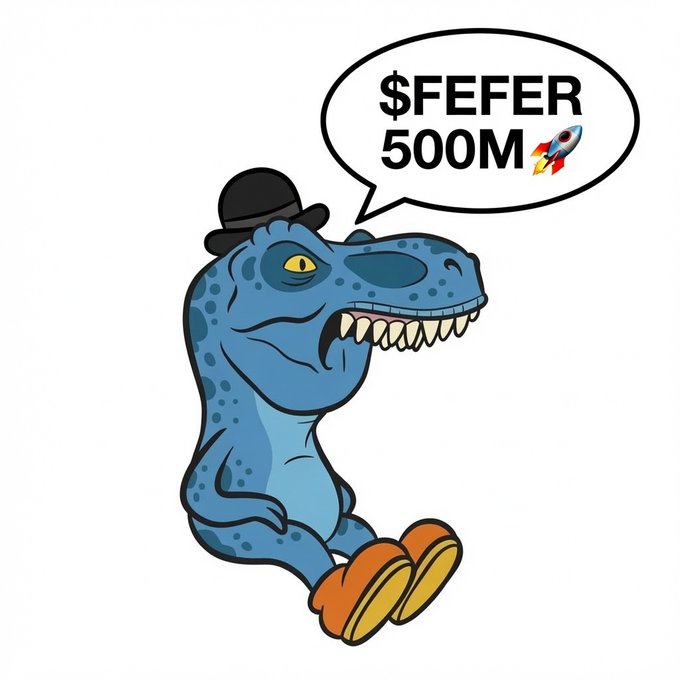 A cartoon blue T-Rex dinosaur wearing a black bowler hat, with a speech bubble reading '$FEFER 500M' alongside a rocket emoji.