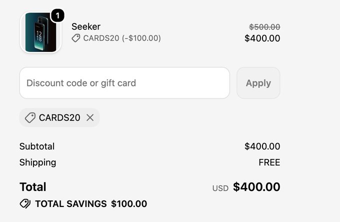 A shopping cart showing a 'Seeker' item originally $500.00, discounted to $400.00 with CARDS20 code applied, showing total savings of $100.00.