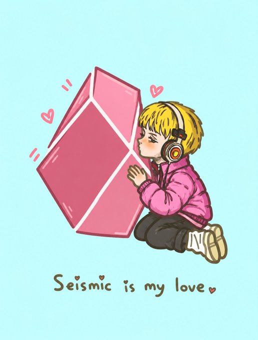 An illustrated chibi-style character with blonde hair and headphones hugs a pink diamond-shaped logo, with the text 'Seismic is my love ♥' displayed below.
