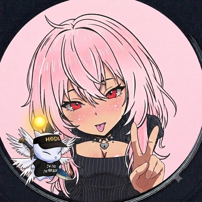 An anime-style illustration of a pink-haired girl with red eyes making a peace sign, accompanied by a small winged cat wearing a 'HODL' cap.