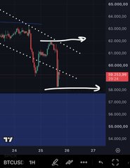 A candlestick chart of BTCUSD on a 1-hour timeframe shows Bitcoin defending the $58,000 support level (highlighted in red), with annotated arrows pointing to large buy orders positioned just above $59,000 and around the $58,000 area, visually supporting the claim of multi-million dollar buy orders holding the support.