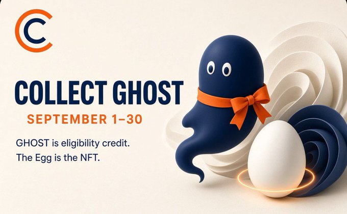 A friendly dark blue cartoon ghost wearing an orange bow sits beside a white egg, promoting the "Collect Ghost" campaign (September 1-30) which clarifies that GHOST tokens serve only as eligibility credit for minting the Ghost Egg NFT on Robinhood Chain.
