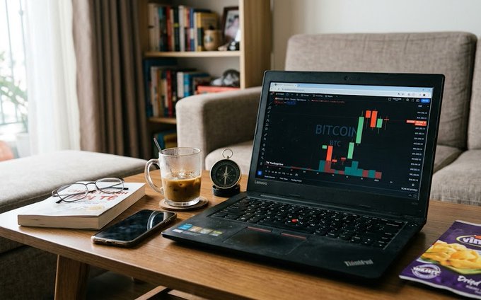 A Lenovo ThinkPad laptop sits on a wooden coffee table displaying a Bitcoin candlestick chart, accompanied by a glass of iced coffee, a compass, a smartphone, and reading glasses on a book.