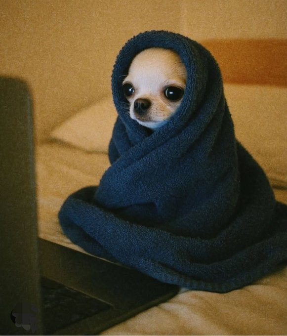 A small chihuahua is wrapped up snugly in a dark blue towel, looking out with large eyes while sitting on a beige surface.