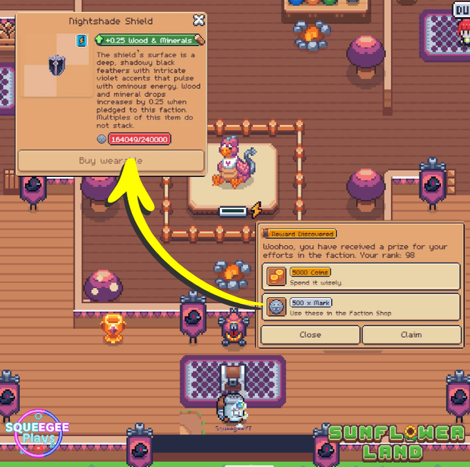 A screenshot from the mobile game 'Sunflower Land' showing the 'Nightshade Shield' item in the Faction Shop with a yellow arrow pointing to it, alongside a reward notification for '500 x Mark' from a 'Reward Discovered' event.