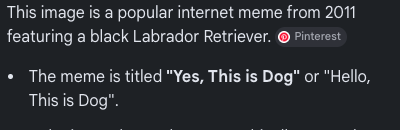 A screenshot with a black background describing a 2011 internet meme titled 'Yes, This is Dog' or 'Hello, This is Dog,' featuring a black Labrador Retriever, with a Pinterest tag visible.