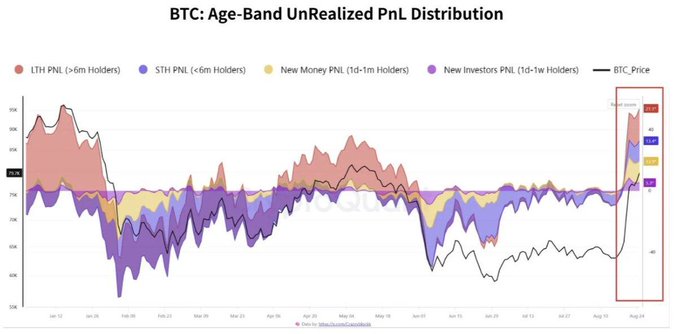 A Glassnode-style chart titled 'BTC: Age-Band UnRealized PnL Distribution' tracking Bitcoin's price alongside LTH, STH, and new investor profit and loss bands through 2026.