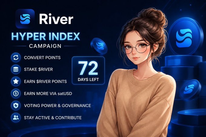 A promotional banner for the 'River' Hyper Index Campaign showing 72 days left, featuring a stylized portrait of a woman with glasses beside a list of activities including converting points, staking $RIVER, earning points, and voting in governance.