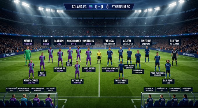 A digital illustration of a soccer team lineup on a stadium field featuring 'SOLANA FC' vs 'ETHEREUM FC' with a 0-0 scoreboard, showing players labeled with names like Neymar Jr., Lionel Messi (Solana) and Cristiano Ronaldo (Ethereum).