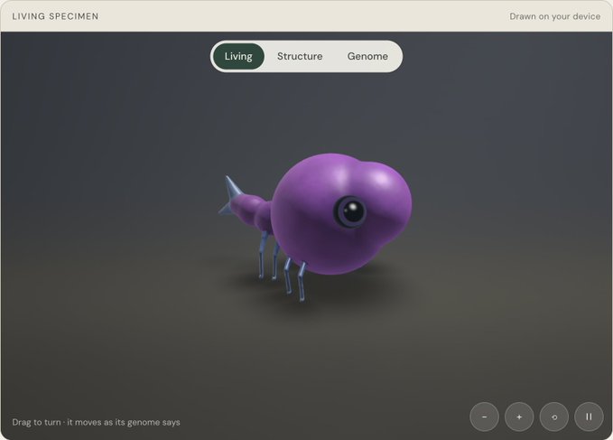 A digital rendering interface labeled 'LIVING SPECIMEN' shows a small purple creature with legs, with the instruction 'Drag to turn - it moves as its genome says'.