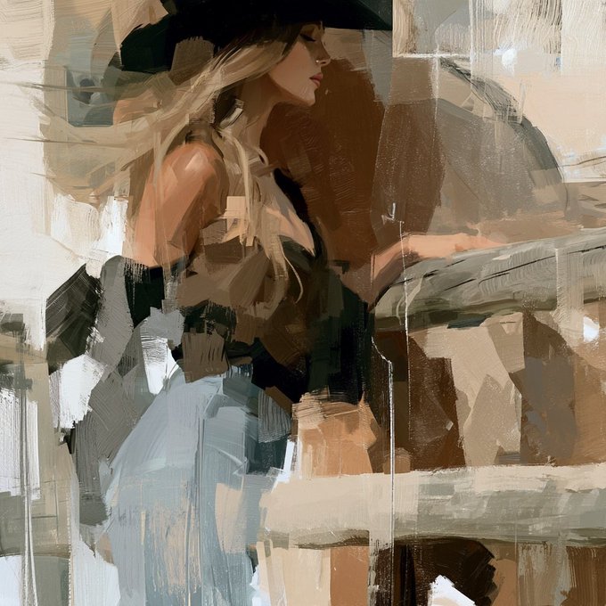 Digital painterly artwork depicting a blonde woman wearing a black hat and dress, rendered in expressive brushstrokes with a muted earth-tone palette.