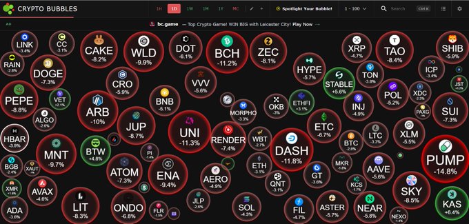 Screenshot of the 'CRYPTO BUBBLES' market visualization website displaying numerous cryptocurrency tokens in colored bubbles showing percentage changes, including tokens like BTC, ETH, XRP, SOL, DOGE, and SHIB, all appearing to show negative price changes.