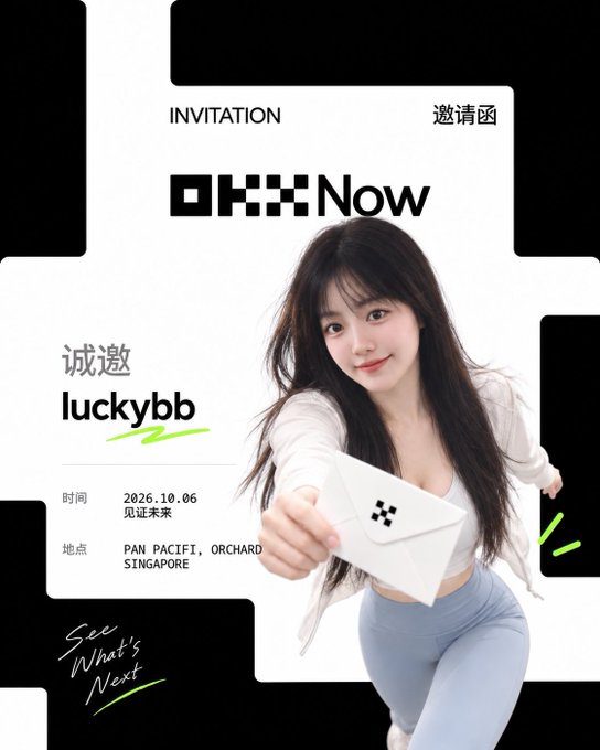 An invitation card reading 'INVITATION', '诚邀 luckybb', dated 2026.10.06 at PAN PACIFIC, ORCHARD SINGAPORE, featuring a woman holding an envelope with the OKX logo.