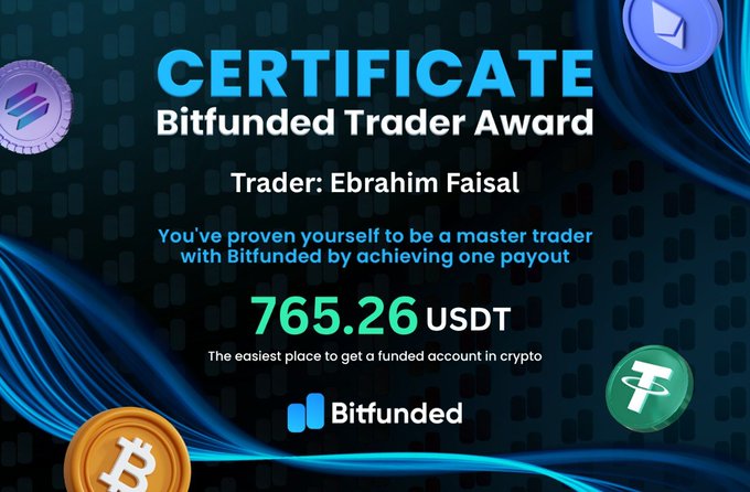A Bitfunded certificate awarded to trader Ebrahim Faisal for achieving a payout of 765.26 USDT, visually reinforcing the post's message of success and profitability on the crypto funding platform.
