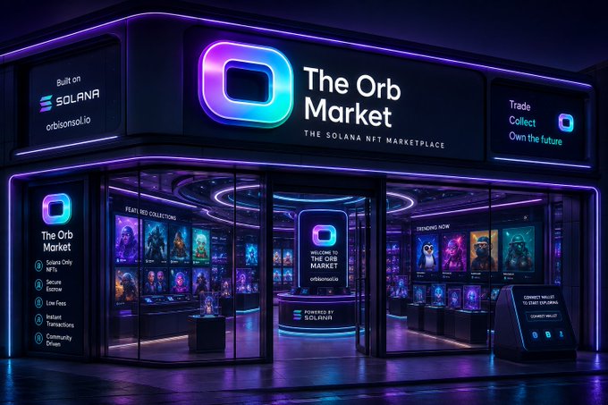A neon-lit futuristic storefront rendering for 'The Orb Market - The Solana NFT Marketplace' built on Solana (orbisonsol.io), featuring purple and blue lighting with NFT displays visible inside.