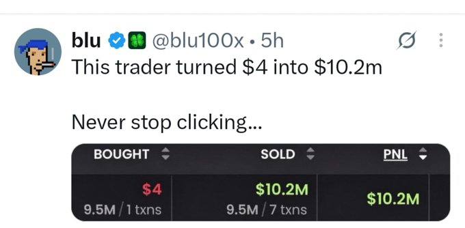 A tweet from @blu100x claiming 'This trader turned $4 into $10.2m' with the caption 'Never stop clicking...', showing trade stats of 9.5M tokens bought at $4 and sold at $10.2M.