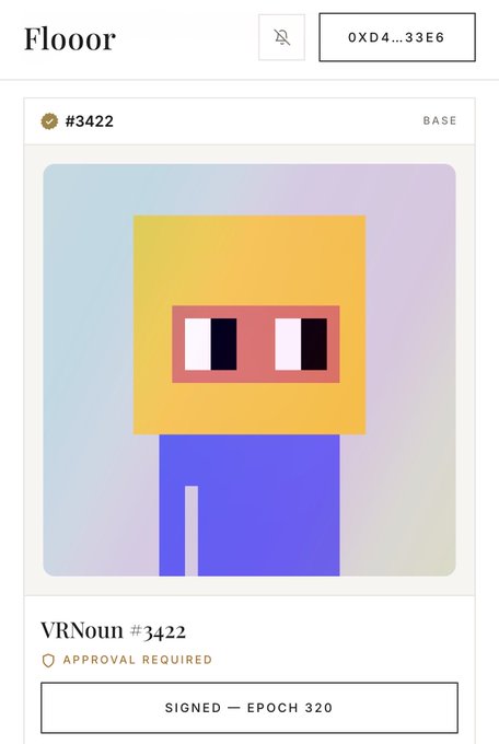 An NFT profile page on the Floor app showing a pixel-art character NFT (#3422) with 'APPROVAL REQUIRED' status.