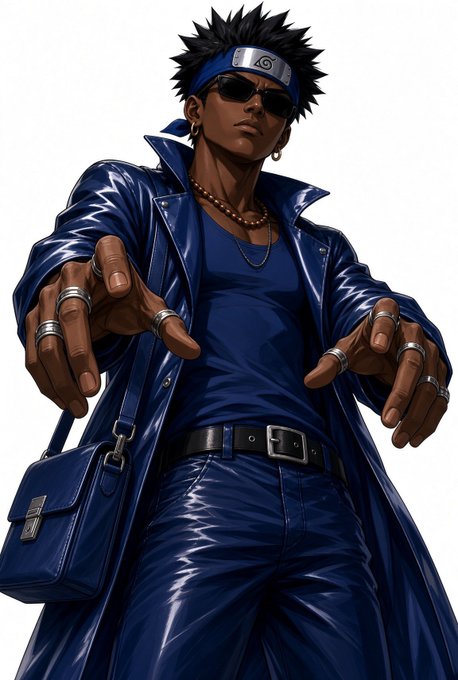 Anime-style illustration of a stylish young man wearing a blue leather jacket, blue pants, a Konoha headband, and dark sunglasses, with his hands outstretched.