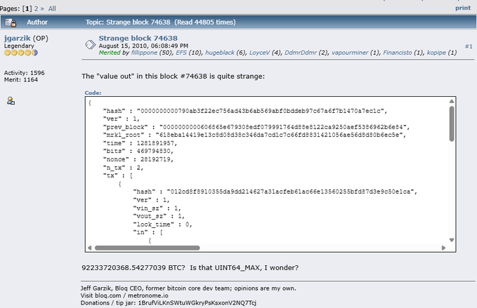 A screenshot of a Bitcoin forum thread titled "Strange block 74638" posted by jgarzik on August 15, 2010, displaying JSON code that reveals the infamous "value out" overflow bug of 92233720368.54277039 BTC—the exploit that created 184 billion BTC and led to Bitcoin's first emergency patch.