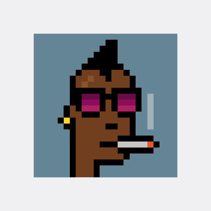 Pixel art portrait of a person with dark hair, purple-tinted sunglasses, an earring, and a cigarette, set against a blue background.